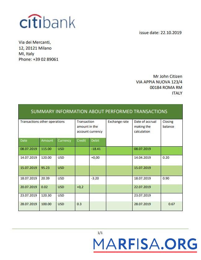Printable Italy Citibank bank statement word example